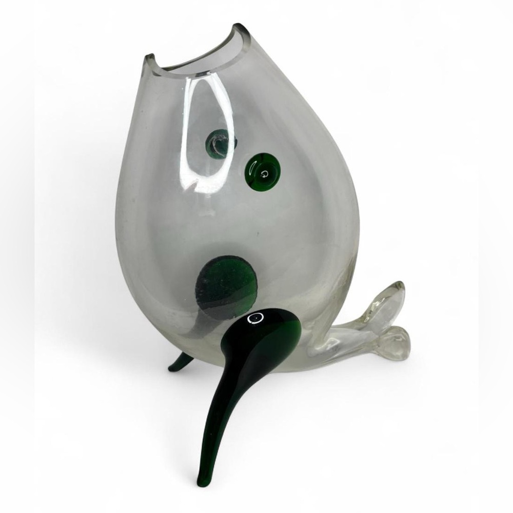Vintage Mid Century MCM Green & Clear Glass Fish Vase Sculpture